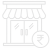 Outline of a store front with a rupee symbol, indicating a business or transaction related to currency.