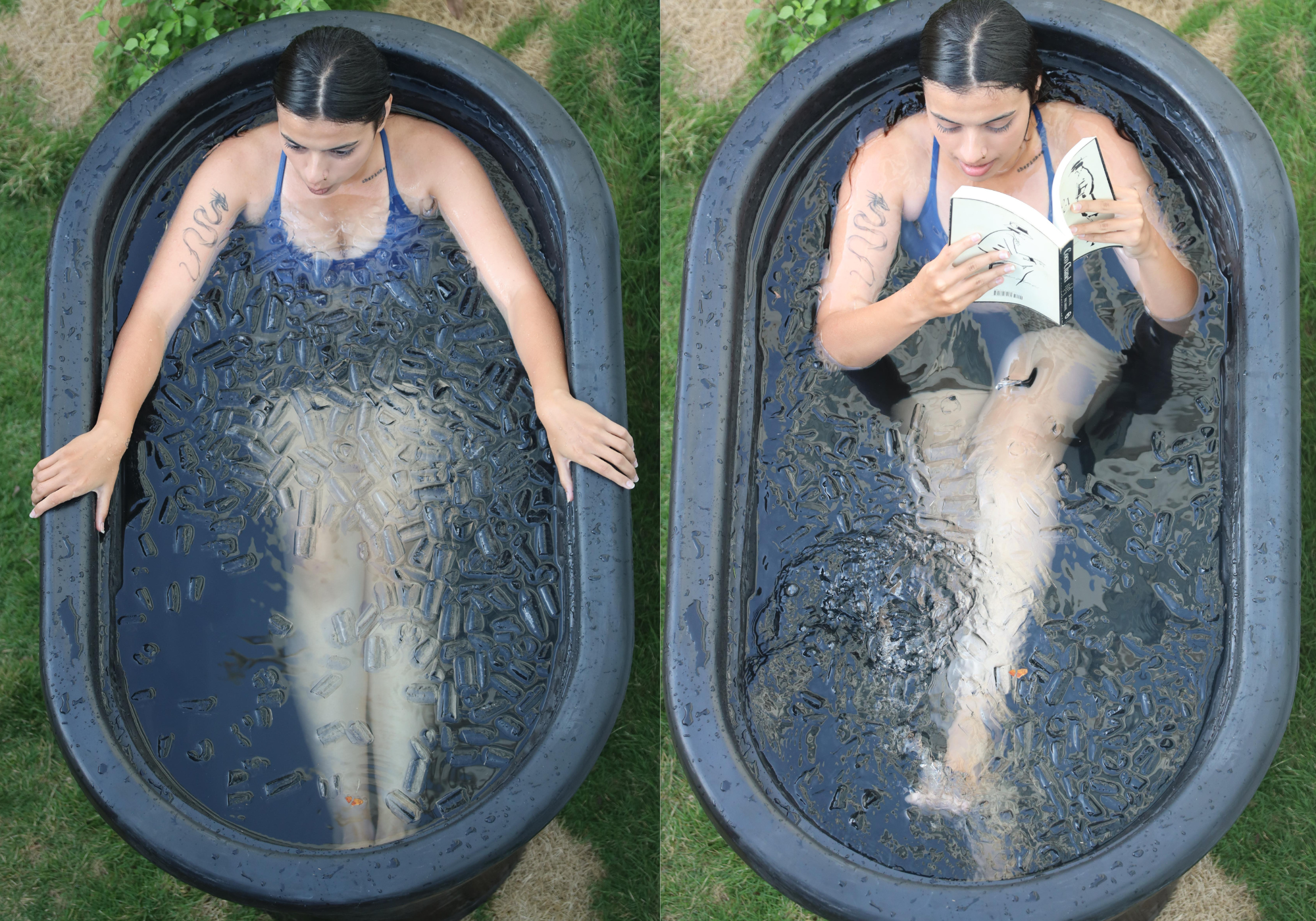 Ice bath designed for easy full-body immersion in a lying position - woman reading book